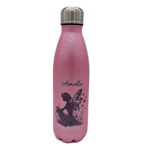 Trinkflasche Glitzer mit Name Fee rosa